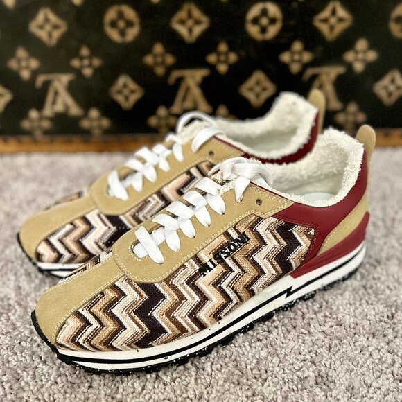 Missoni Brown Zig Zag Knit Suede Leather Sneakers, NEW - Picture 1 of 6